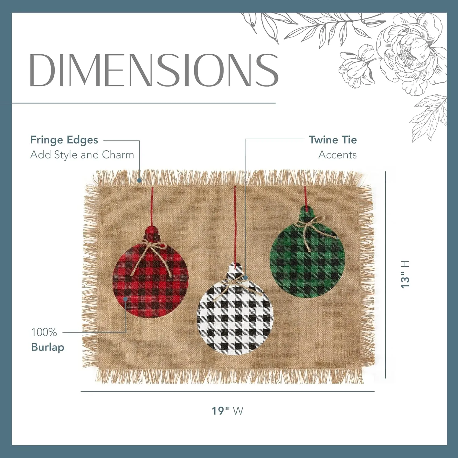 Elrene Home Fashions Farmhouse Living Holiday Rustic Ornaments Burlap Placemat Set, 13 Inches x 19 Inches, Set of 4