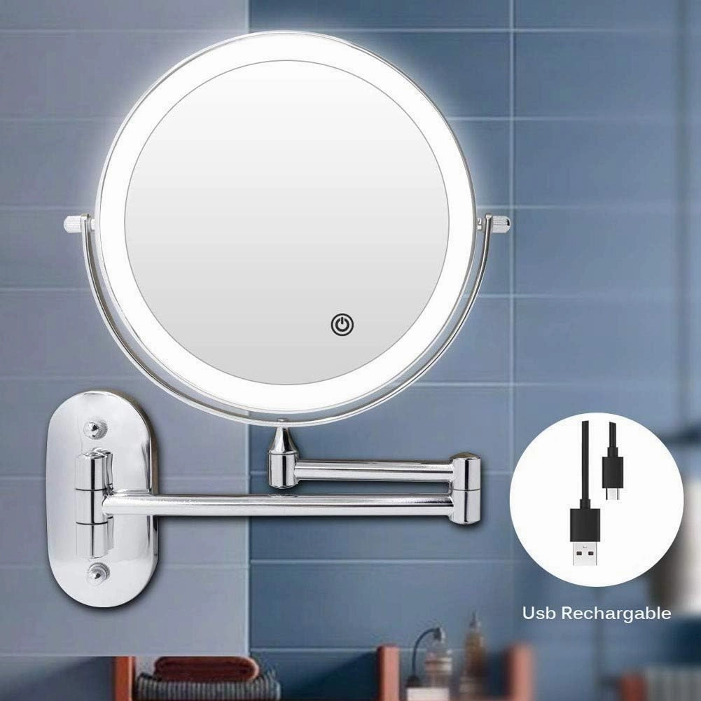 ELTOX Wall Mounted Makeup Mirror LED Touch Screen Adjustable with 3 Color Lights Double Sided 1X/5X Magnifying Vanity Mirror (Color : Black)