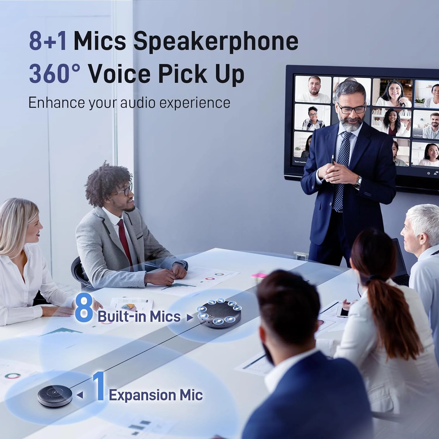EMEET Conference Speaker and Microphone w/8 1 Mics, 360° Voice Pickup, Noise Reduce, Bluetooth/USB/Dongle Speakerphone for 14 People w/Daisy Chain for 25, Compatible w/Leading Platforms, 2024 Version
