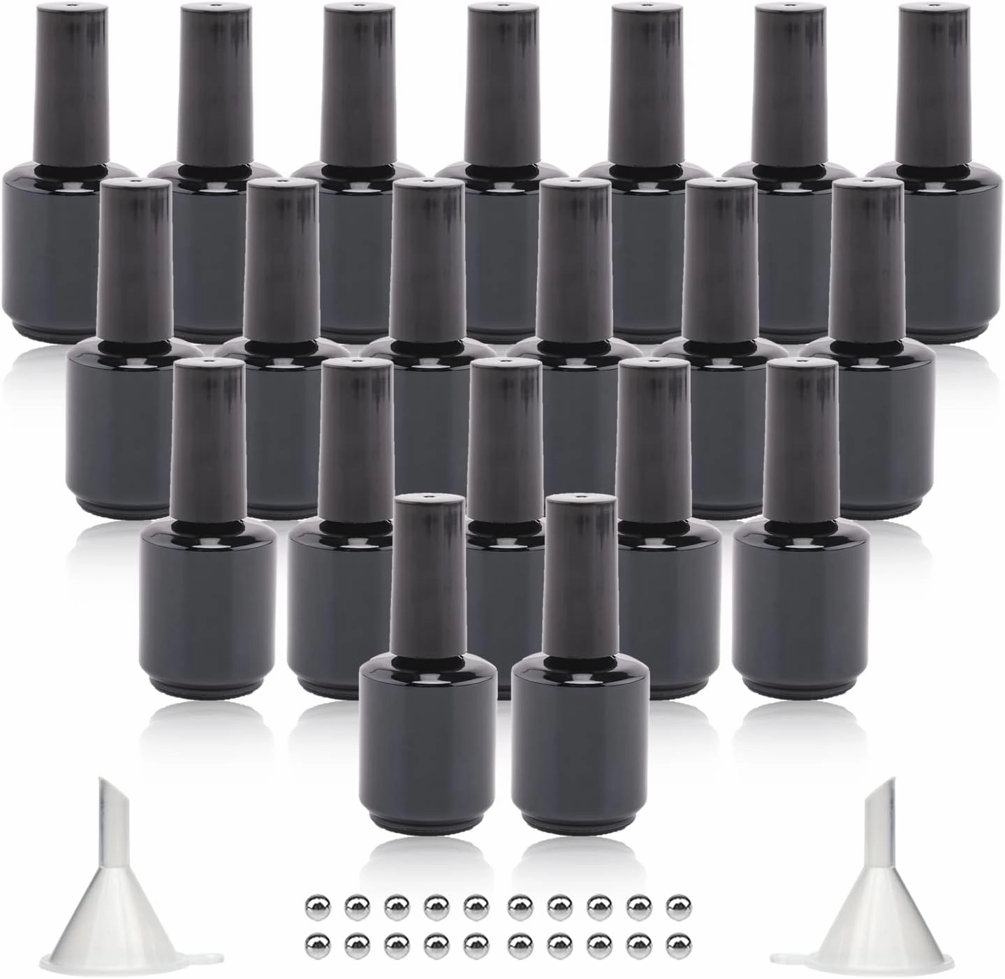Empty Gel Nail Polish Bottles, 15ML Refillable Fingernail Polish Bottles with Brush, UV Safe with Mixing Balls & Funnels, Pack of 20 (Bright Black)