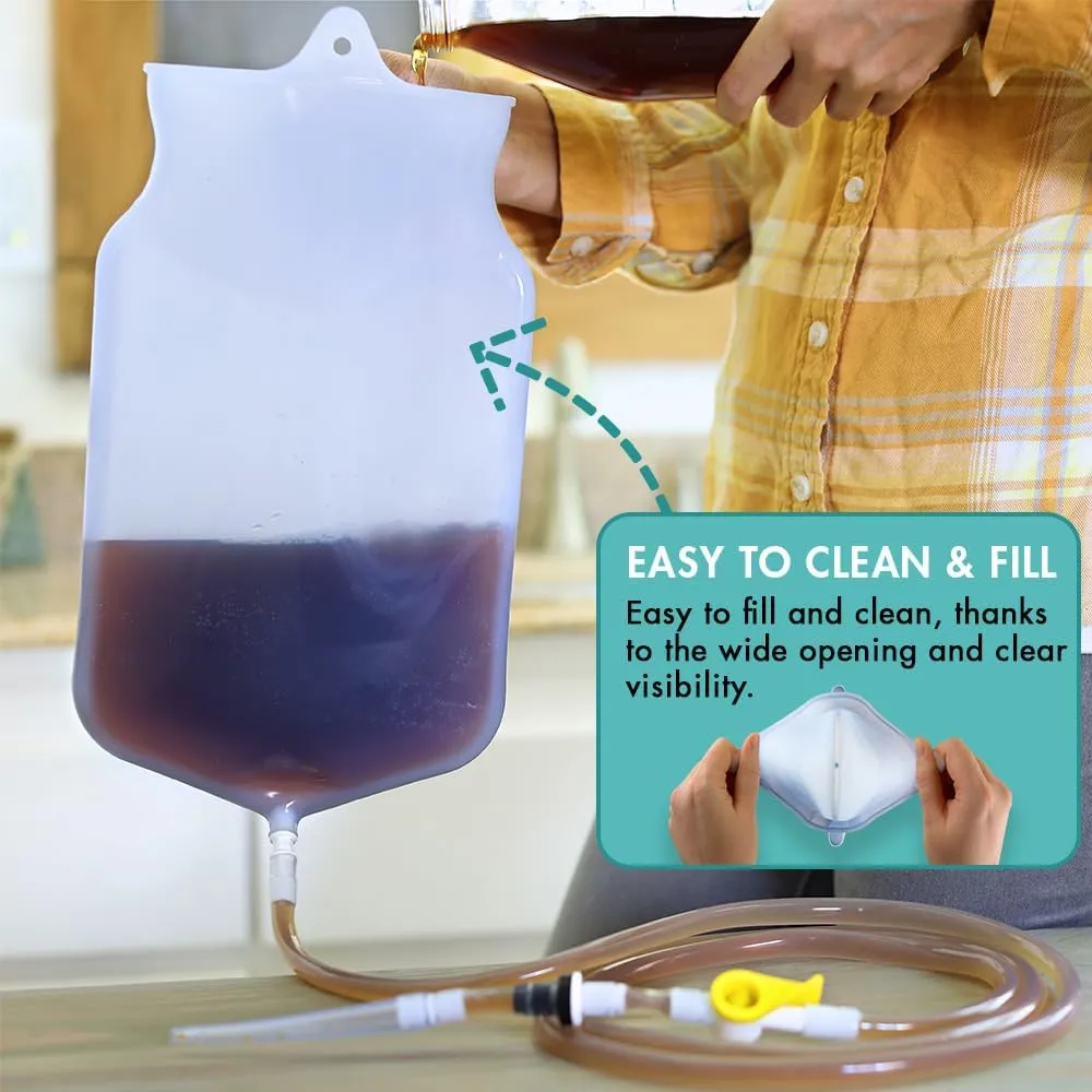 Enema Bag Kit Clear Non-Toxic Silicone. for Coffee and Water Colon Cleanse. 6 Foot Long Hose, BPA and Phthalates Free, 6 Tips 3 Quart
