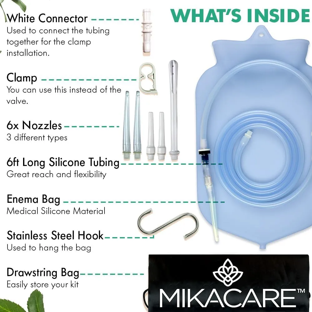 Enema Bag Kit Clear Non-Toxic Silicone. for Coffee and Water Colon Cleanse. 6 Foot Long Hose, BPA and Phthalates Free, 6 Tips 3 Quart