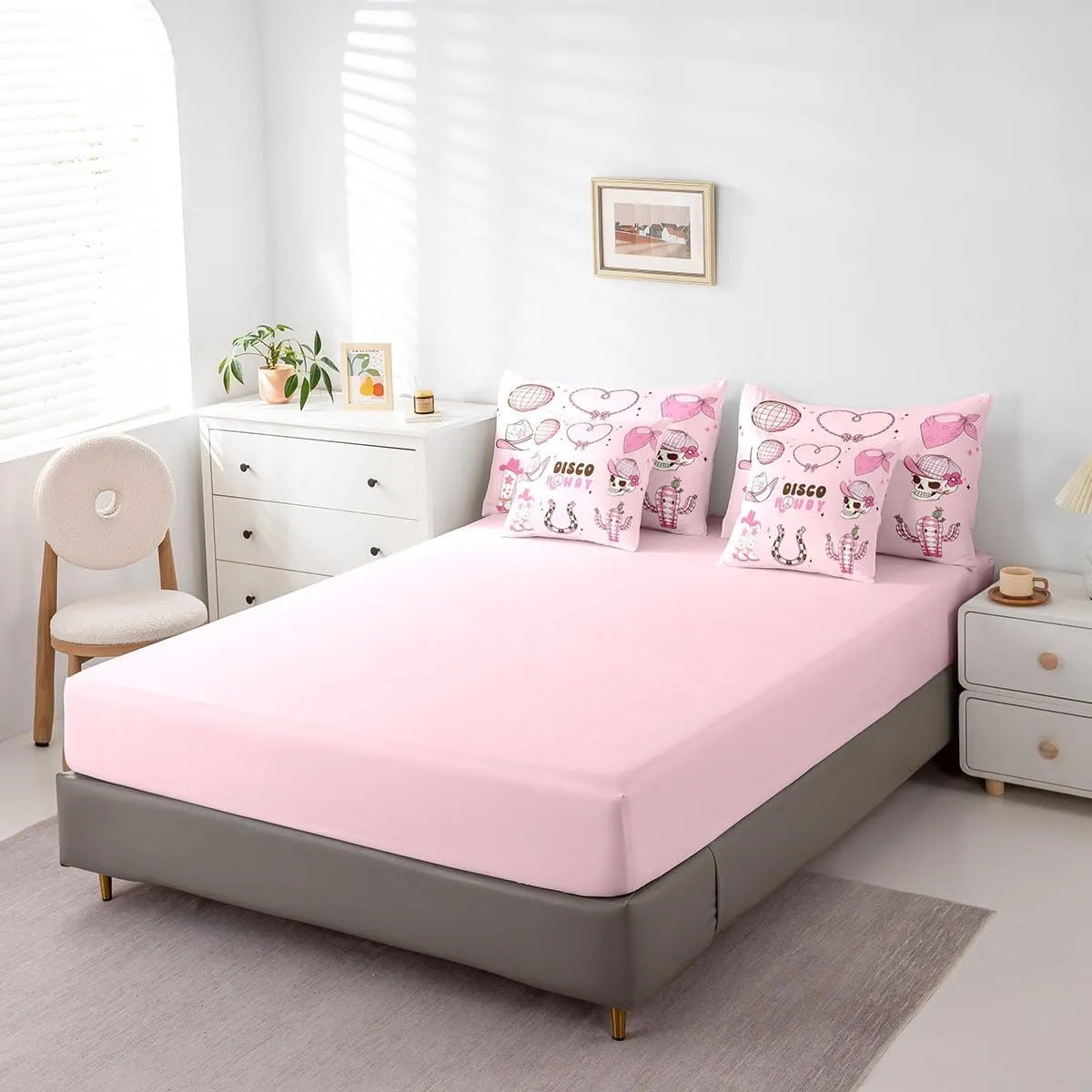 Erosebridal 7 Piece Western Cowgirl Bedding Set Queen,Pink Disco Ball Comforter Set for Girls Kids,Cowboy Boot Hat Horseshoe Bed Set Hippie Skull Bed in a Bag with Fitted Flat Sheet,Pillowcases