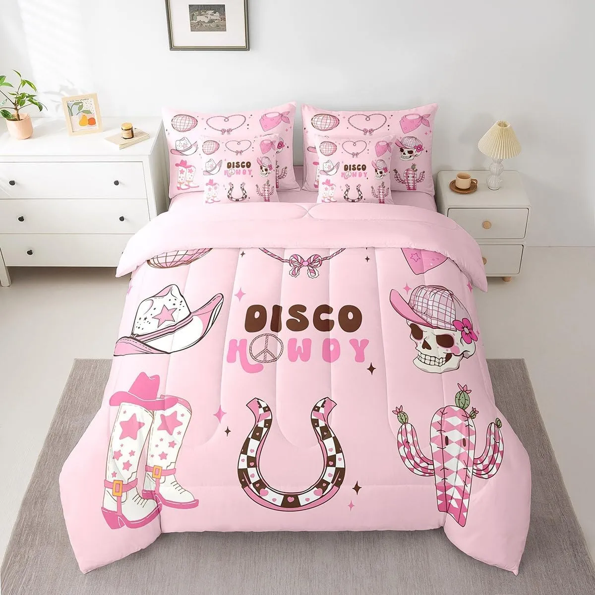 Erosebridal 7 Piece Western Cowgirl Bedding Set Queen,Pink Disco Ball Comforter Set for Girls Kids,Cowboy Boot Hat Horseshoe Bed Set Hippie Skull Bed in a Bag with Fitted Flat Sheet,Pillowcases