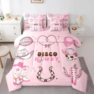 Erosebridal 7 Piece Western Cowgirl Bedding Set Queen,Pink Disco Ball Comforter Set for Girls Kids,Cowboy Boot Hat Horseshoe Bed Set Hippie Skull Bed in a Bag with Fitted Flat Sheet,Pillowcases