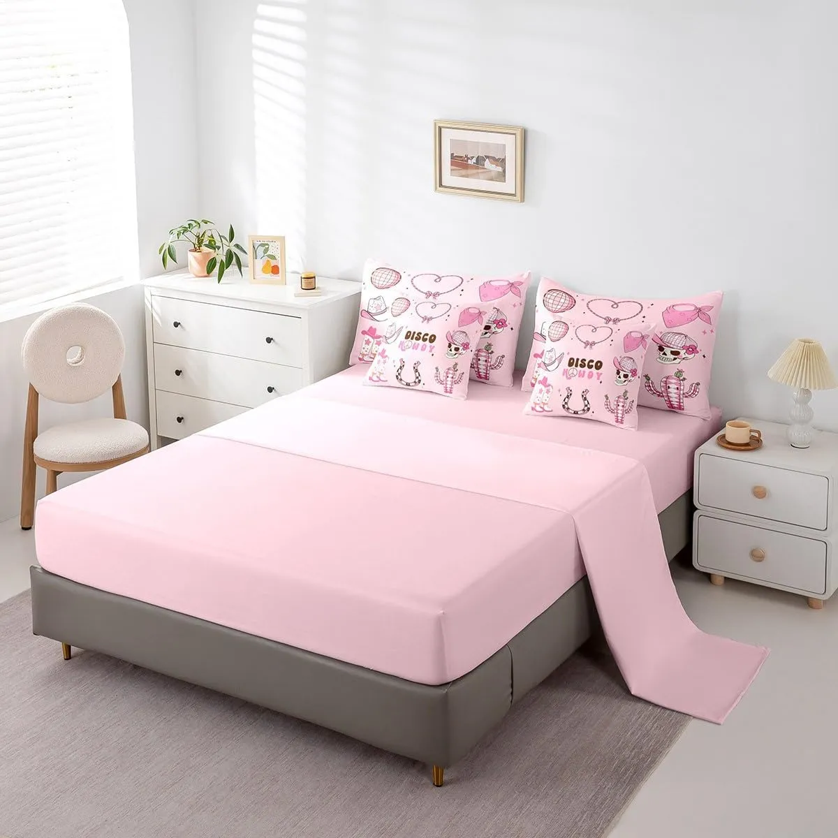 Erosebridal 7 Piece Western Cowgirl Bedding Set Queen,Pink Disco Ball Comforter Set for Girls Kids,Cowboy Boot Hat Horseshoe Bed Set Hippie Skull Bed in a Bag with Fitted Flat Sheet,Pillowcases