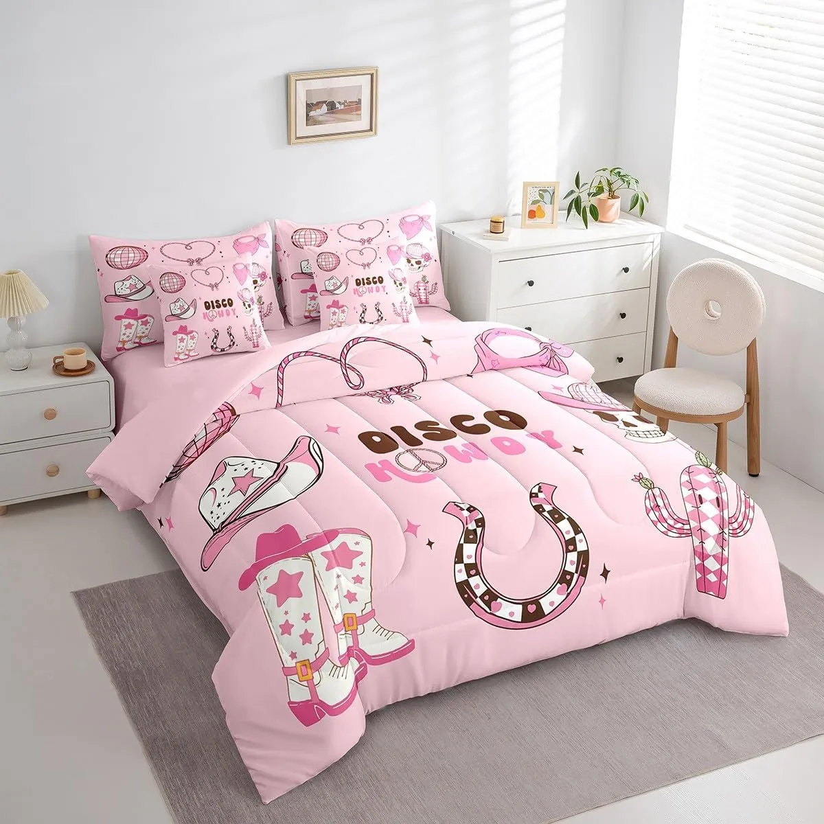 Erosebridal 7 Piece Western Cowgirl Bedding Set Queen,Pink Disco Ball Comforter Set for Girls Kids,Cowboy Boot Hat Horseshoe Bed Set Hippie Skull Bed in a Bag with Fitted Flat Sheet,Pillowcases
