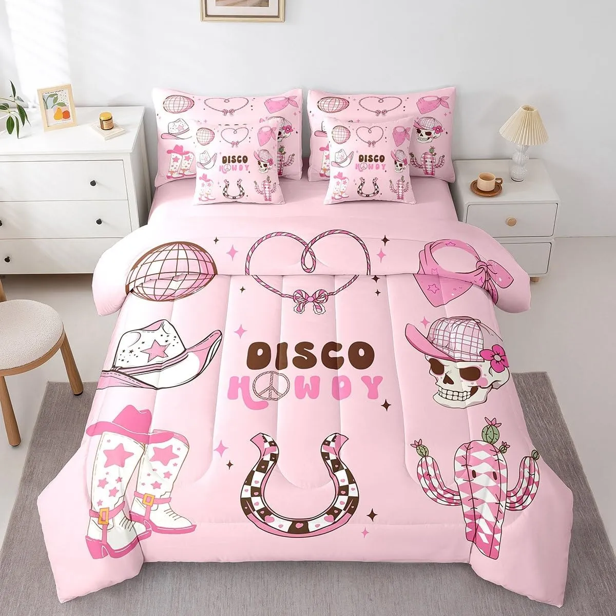 Erosebridal 7 Piece Western Cowgirl Bedding Set Queen,Pink Disco Ball Comforter Set for Girls Kids,Cowboy Boot Hat Horseshoe Bed Set Hippie Skull Bed in a Bag with Fitted Flat Sheet,Pillowcases