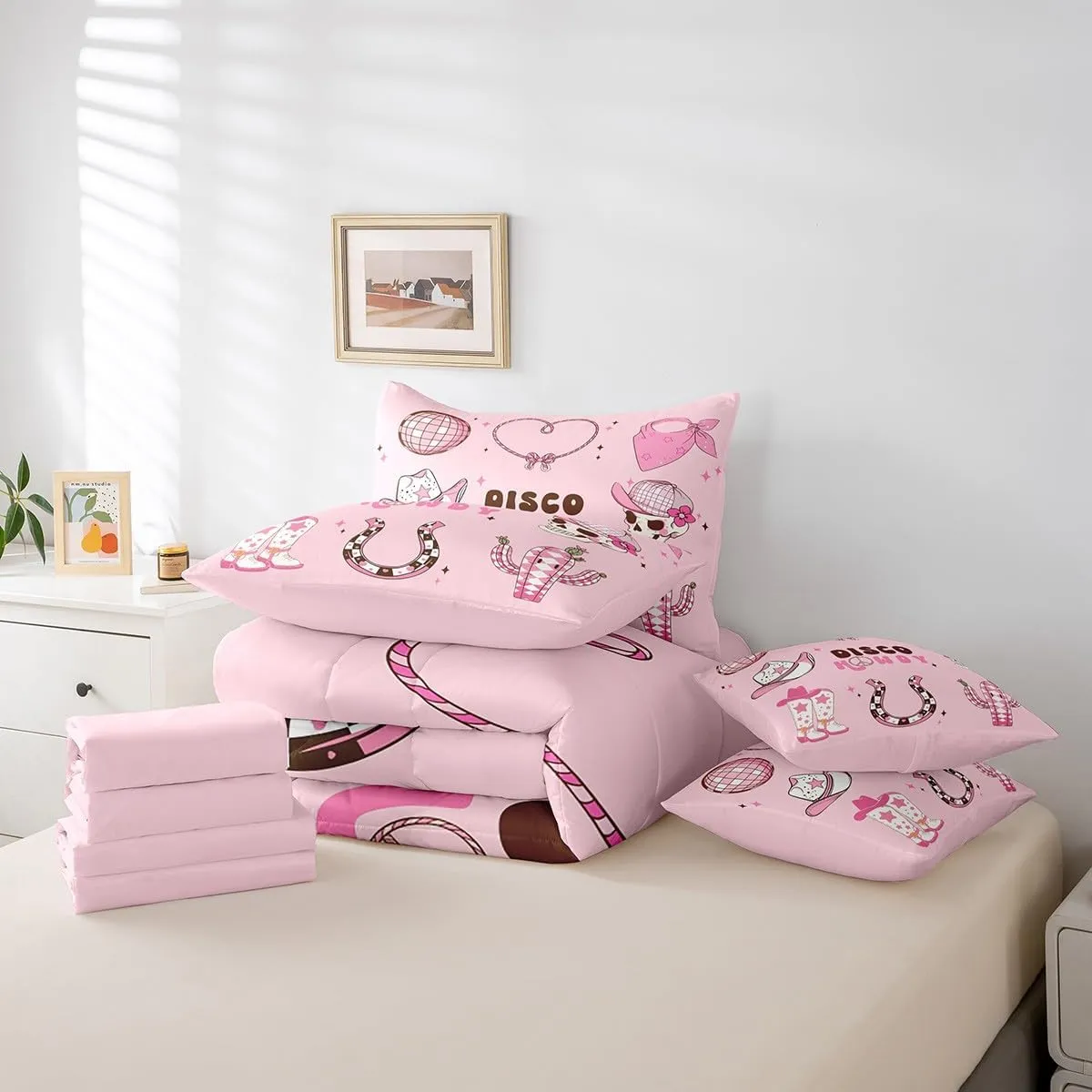 Erosebridal 7 Piece Western Cowgirl Bedding Set Queen,Pink Disco Ball Comforter Set for Girls Kids,Cowboy Boot Hat Horseshoe Bed Set Hippie Skull Bed in a Bag with Fitted Flat Sheet,Pillowcases