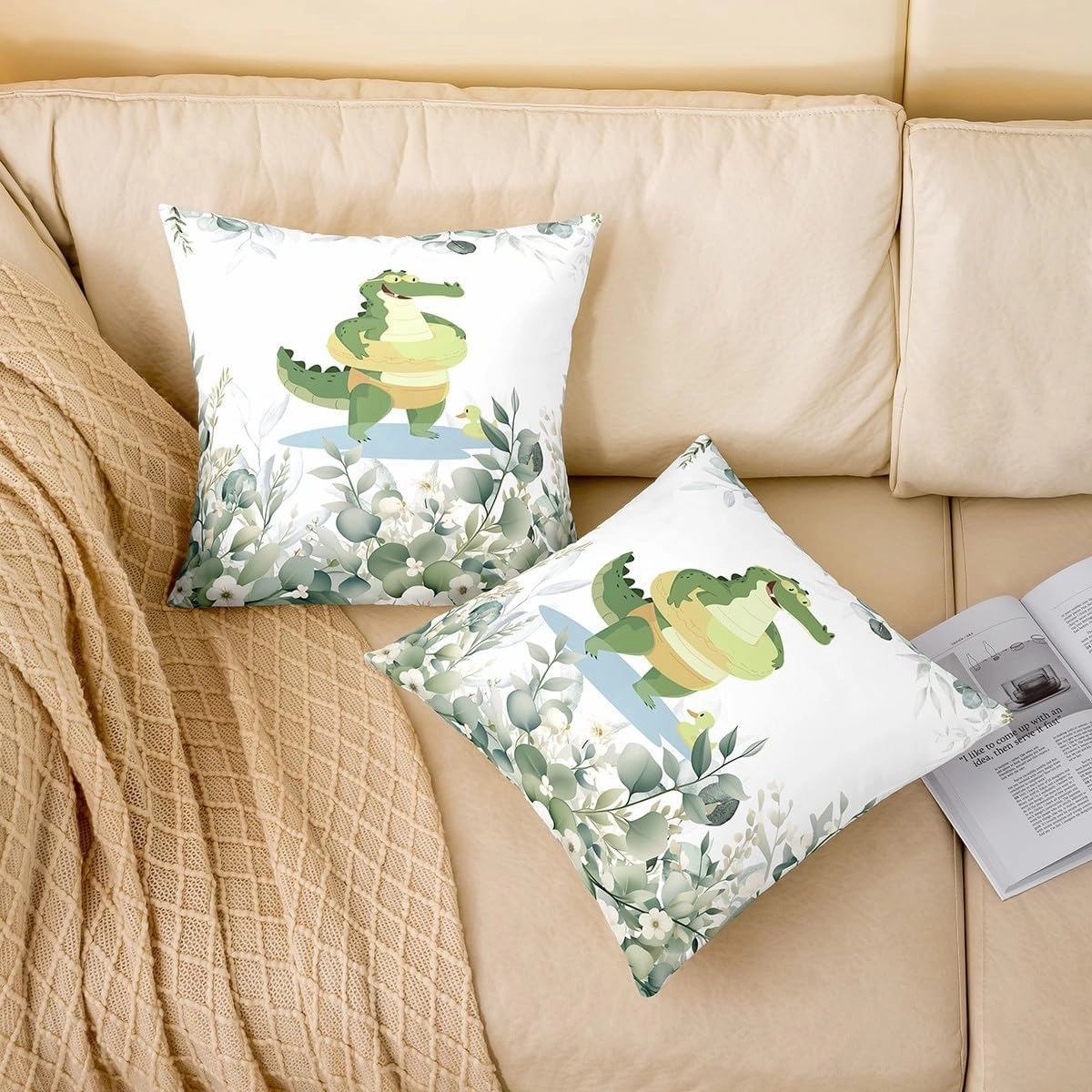 Erosebridal Kids Cute Crocodile 18x18 Throw Pillow Cover,Kawaii Animal Pillow Cover,Funny Cartoon Wildlife Cushion Cover for Boys Girls,White Minimalist Style Decorative Pillow Cover