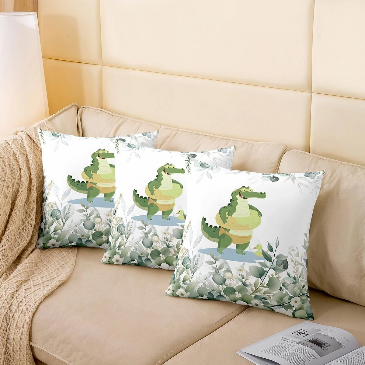 Erosebridal Kids Cute Crocodile 18x18 Throw Pillow Cover,Kawaii Animal Pillow Cover,Funny Cartoon Wildlife Cushion Cover for Boys Girls,White Minimalist Style Decorative Pillow Cover