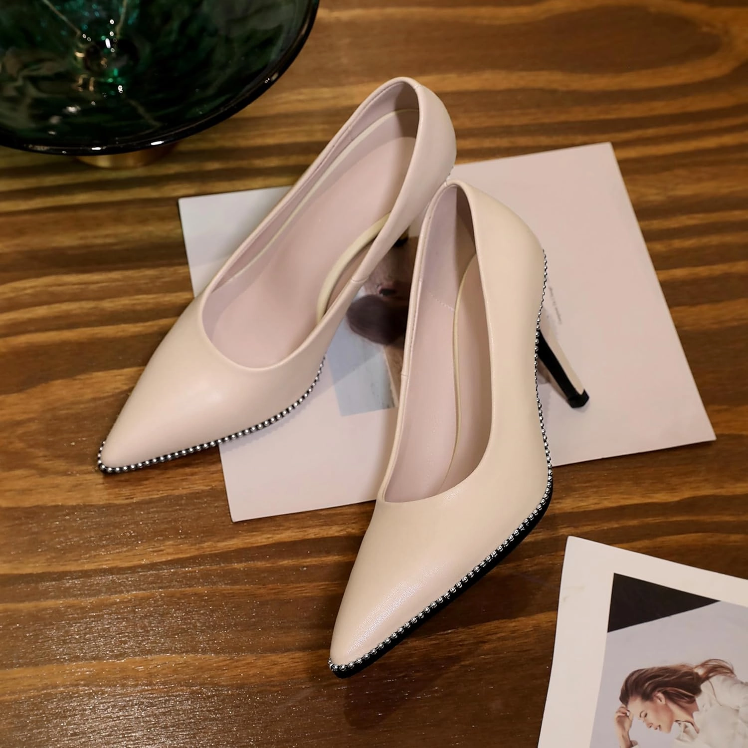Esvowido Women's Stiletto High Heels Slip on Pumps Closed Pointed Toe Beaded Pump Shoes Casual Party Dress Shoes 3.5 Inch