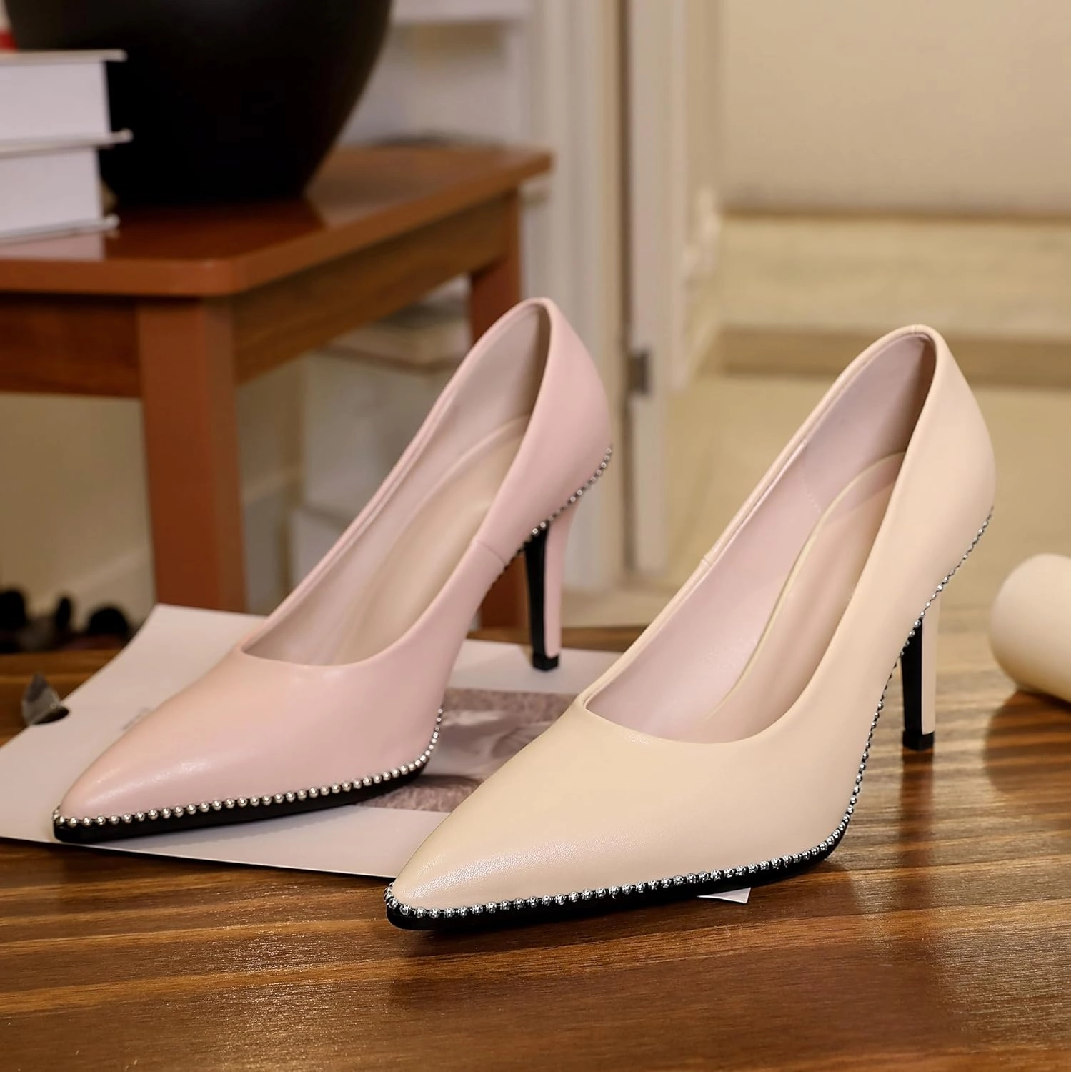 Esvowido Women's Stiletto High Heels Slip on Pumps Closed Pointed Toe Beaded Pump Shoes Casual Party Dress Shoes 3.5 Inch