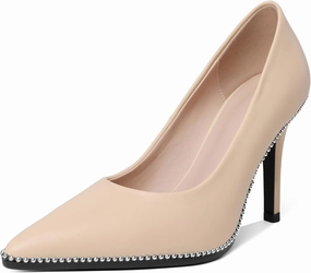 Esvowido Women's Stiletto High Heels Slip on Pumps Closed Pointed Toe Beaded Pump Shoes Casual Party Dress Shoes 3.5 Inch