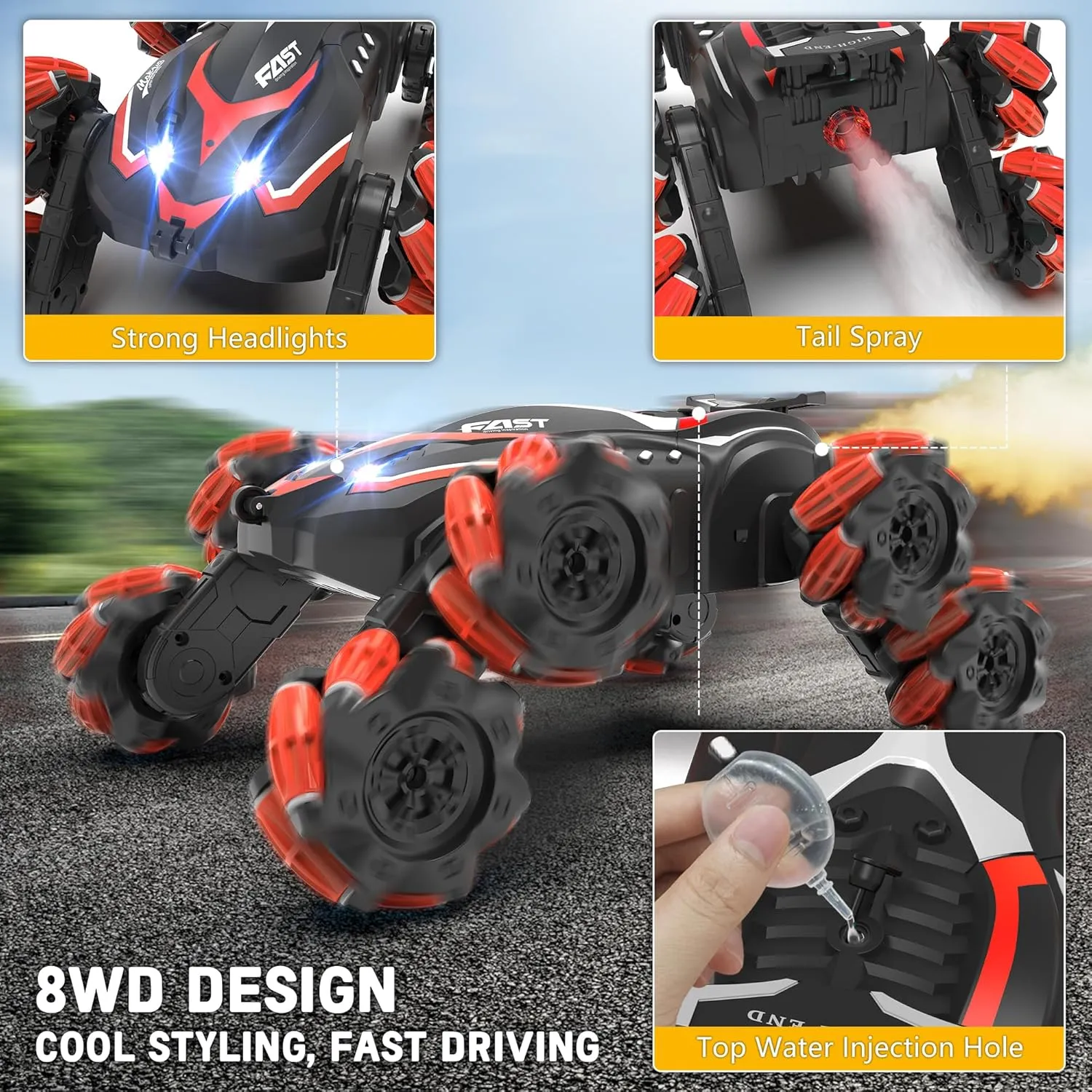 Eulogia 8WD Gesture Sensing RC Stunt Car, 2.4GHz RC Crawler, with Light and Spray & Music, 360° Spins All Terrain Remote Control Car Toys Gift for 5-12 Years Old Boys Girls Christmas Birthday