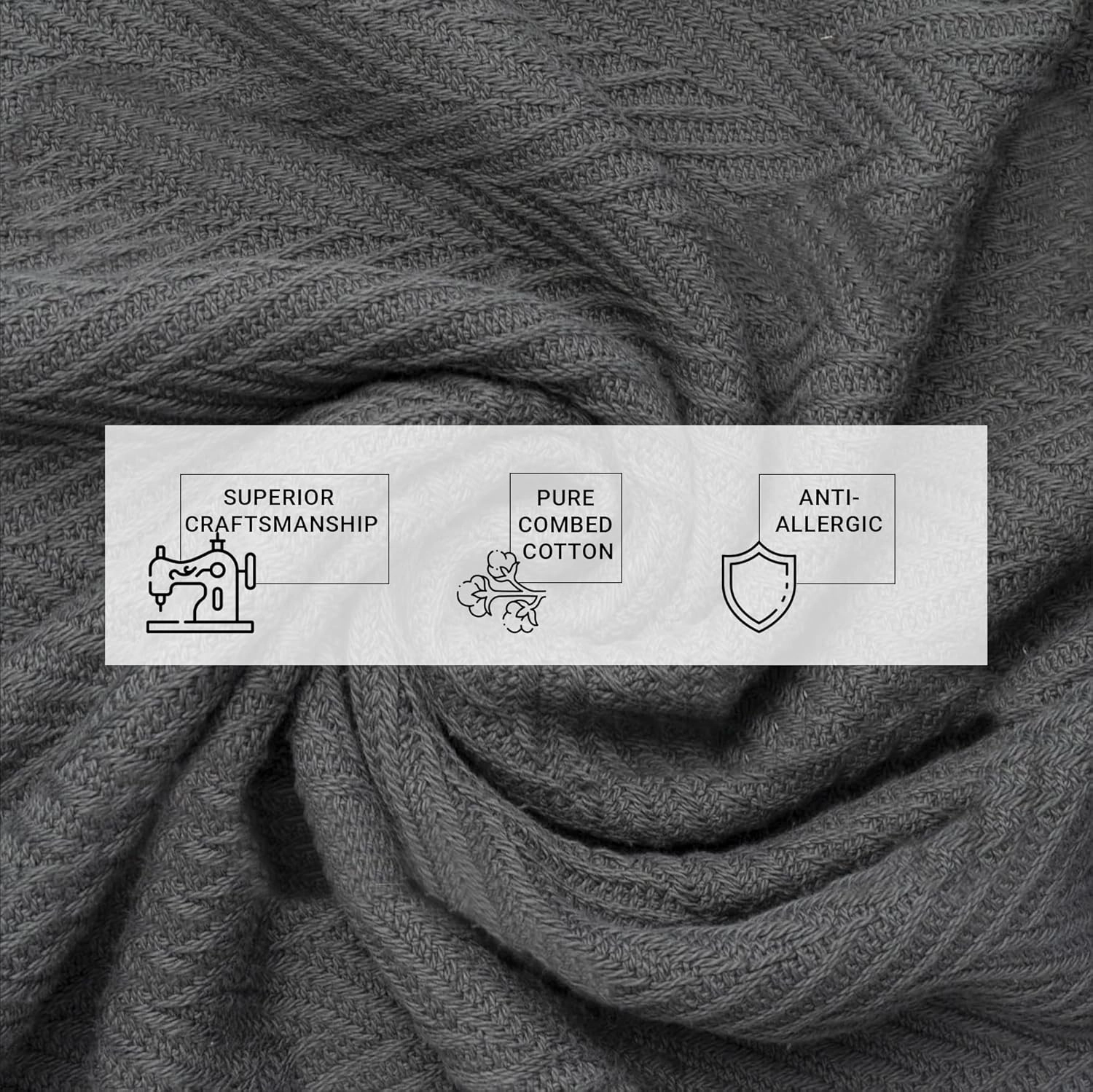 EUROTEX 100% Cotton Twin Size Blanket - Soft Breathable and Lightweight for Summer, Spring and Fall - Herringbone Weave for Couch, Sofa (Grey, 66x90 in)