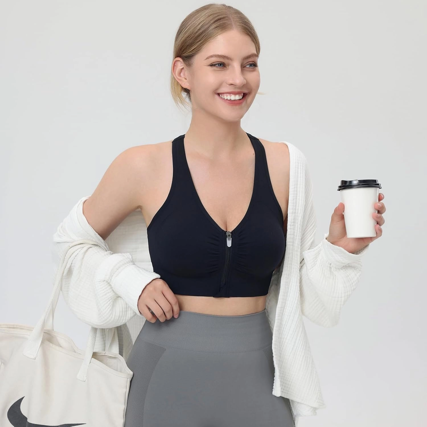 Evercute Women's Zip Front Sports Bras Wireless Padded Racerback Medium Support Post-Surgery Bra Yoga Exercise Athletic Bras
