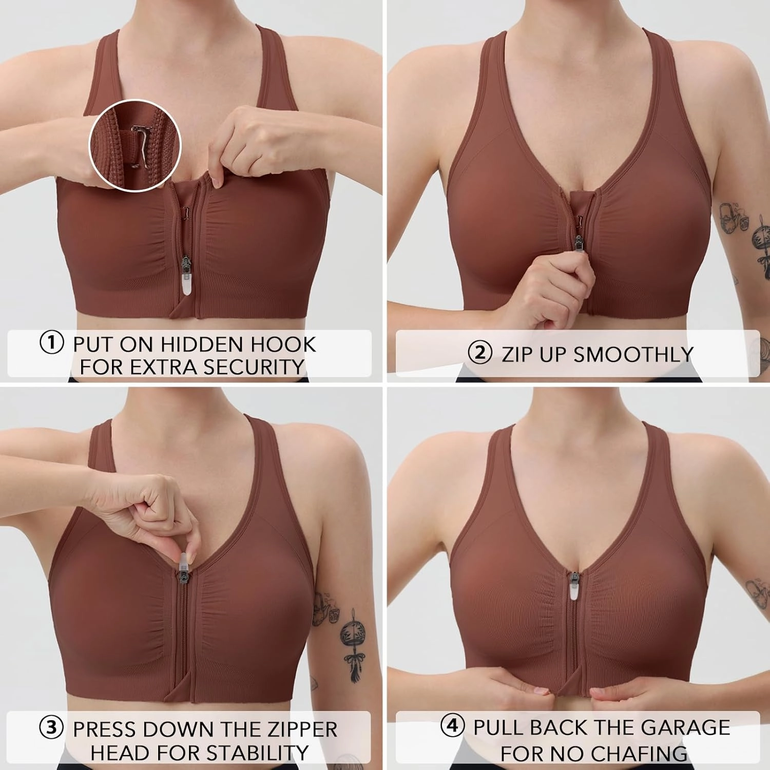 Evercute Women's Zip Front Sports Bras Wireless Padded Racerback Medium Support Post-Surgery Bra Yoga Exercise Athletic Bras