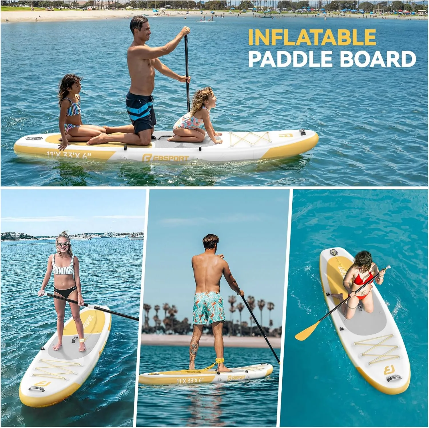 FBSPORT 11FT Premium Inflatable Stand Up Paddle Board with Electric Pump, Yoga Board with SUP Accessories & Carry Bag | Wide Stance, Surf Control, Non-Slip Deck, Leash and Paddle for Youth & Adult