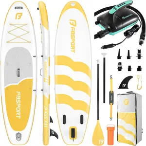 FBSPORT 11FT Premium Inflatable Stand Up Paddle Board with Electric Pump, Yoga Board with SUP Accessories & Carry Bag | Wide Stance, Surf Control, Non-Slip Deck, Leash and Paddle for Youth & Adult