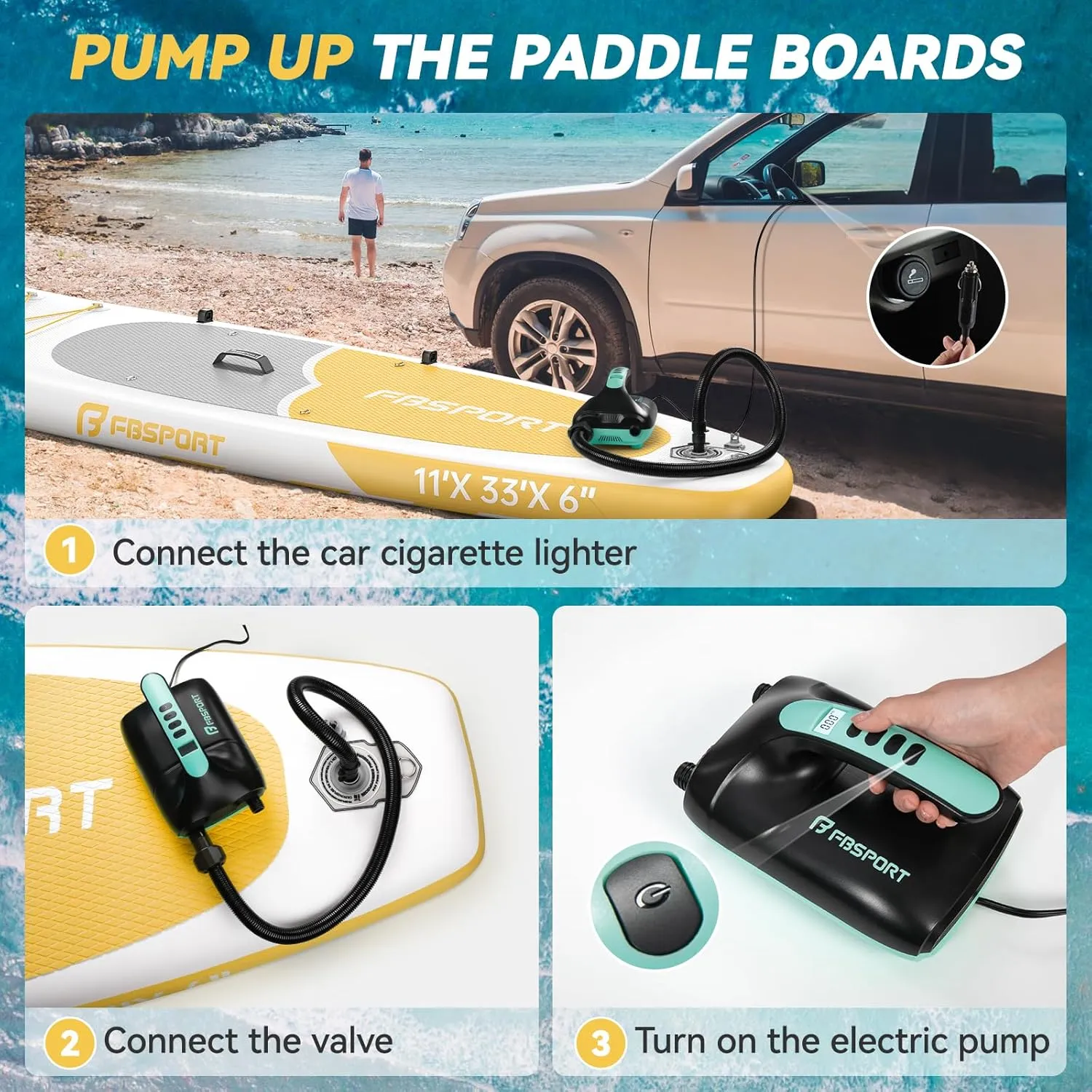FBSPORT 11FT Premium Inflatable Stand Up Paddle Board with Electric Pump, Yoga Board with SUP Accessories & Carry Bag | Wide Stance, Surf Control, Non-Slip Deck, Leash and Paddle for Youth & Adult
