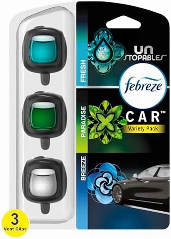 Febreze Car Air Freshener Odor-Fighting Car Vent Clip, Unstopables Variety Pack, 3-Count Pack of 3