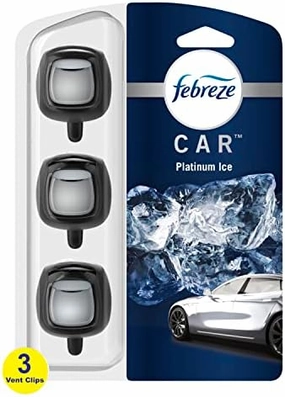 Febreze Car Air Freshener Vent Clip Platinum Ice Scent, .07 oz. Car Vent Clips, Pack of 3 and Stay-Fresh Storage Case