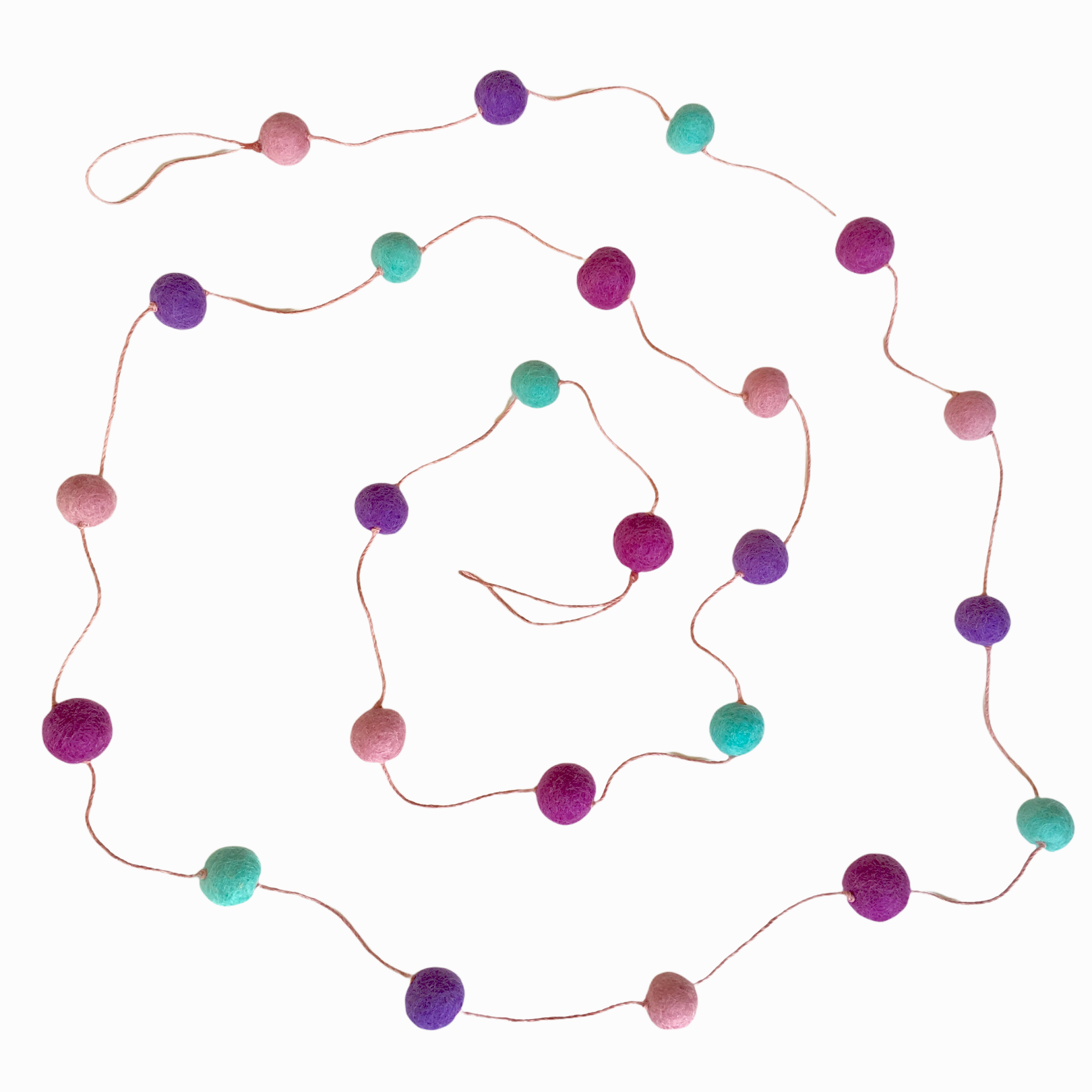 Felt Ball Garland - Teal, dark pink, dusty pink and purple with dusty pink cord