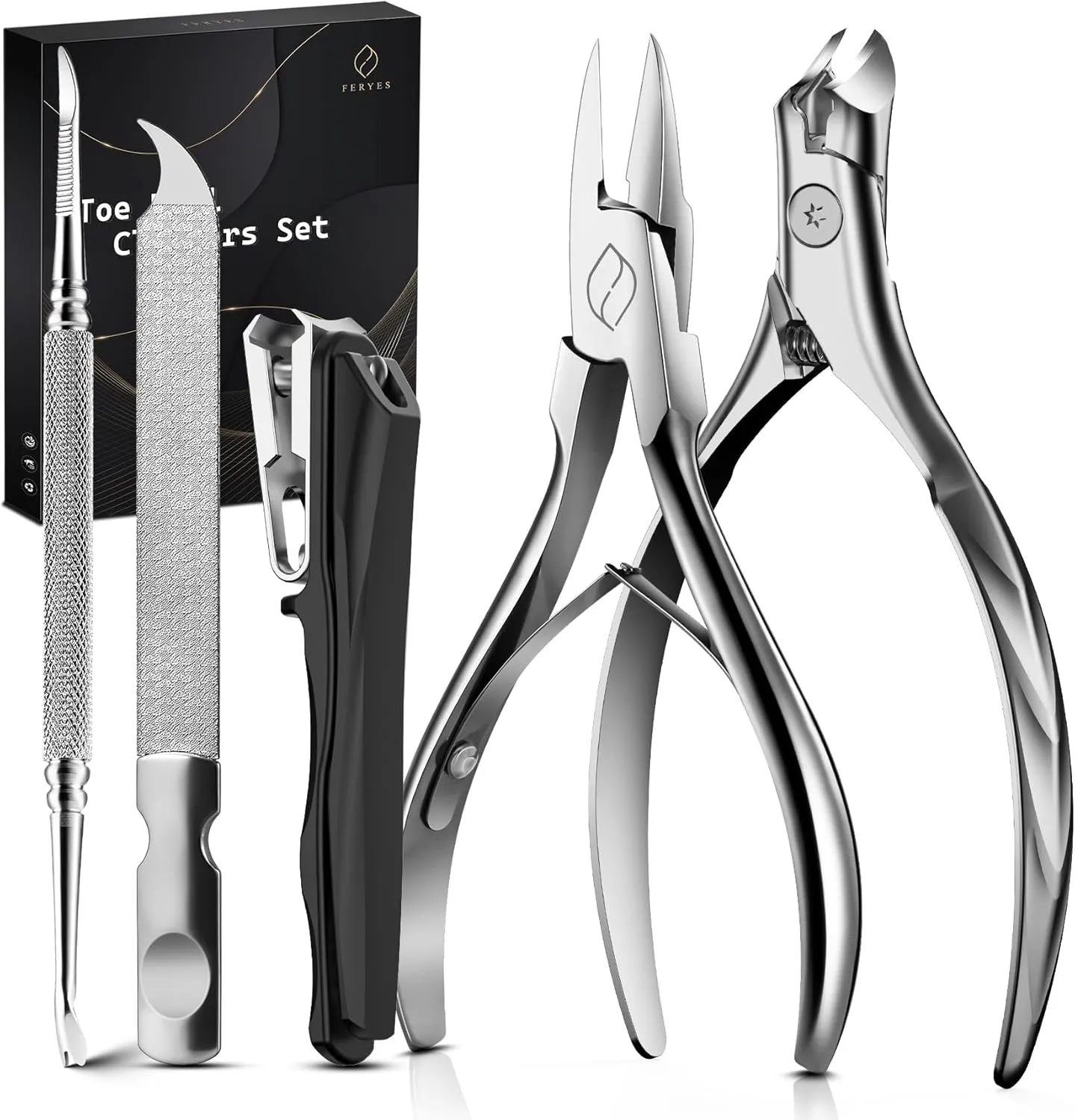 FERYES 5PCS Toenail Clippers Long Handle Clipper for Thick Nails, Straight Blade Clipper for Ingrown Nails, 360° Rotating Jaw Nail Clipper, Cuticle Fork, and Nail File