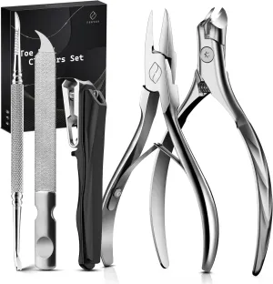 FERYES 5PCS Toenail Clippers Long Handle Clipper for Thick Nails, Straight Blade Clipper for Ingrown Nails, 360° Rotating Jaw Nail Clipper, Cuticle Fork, and Nail File