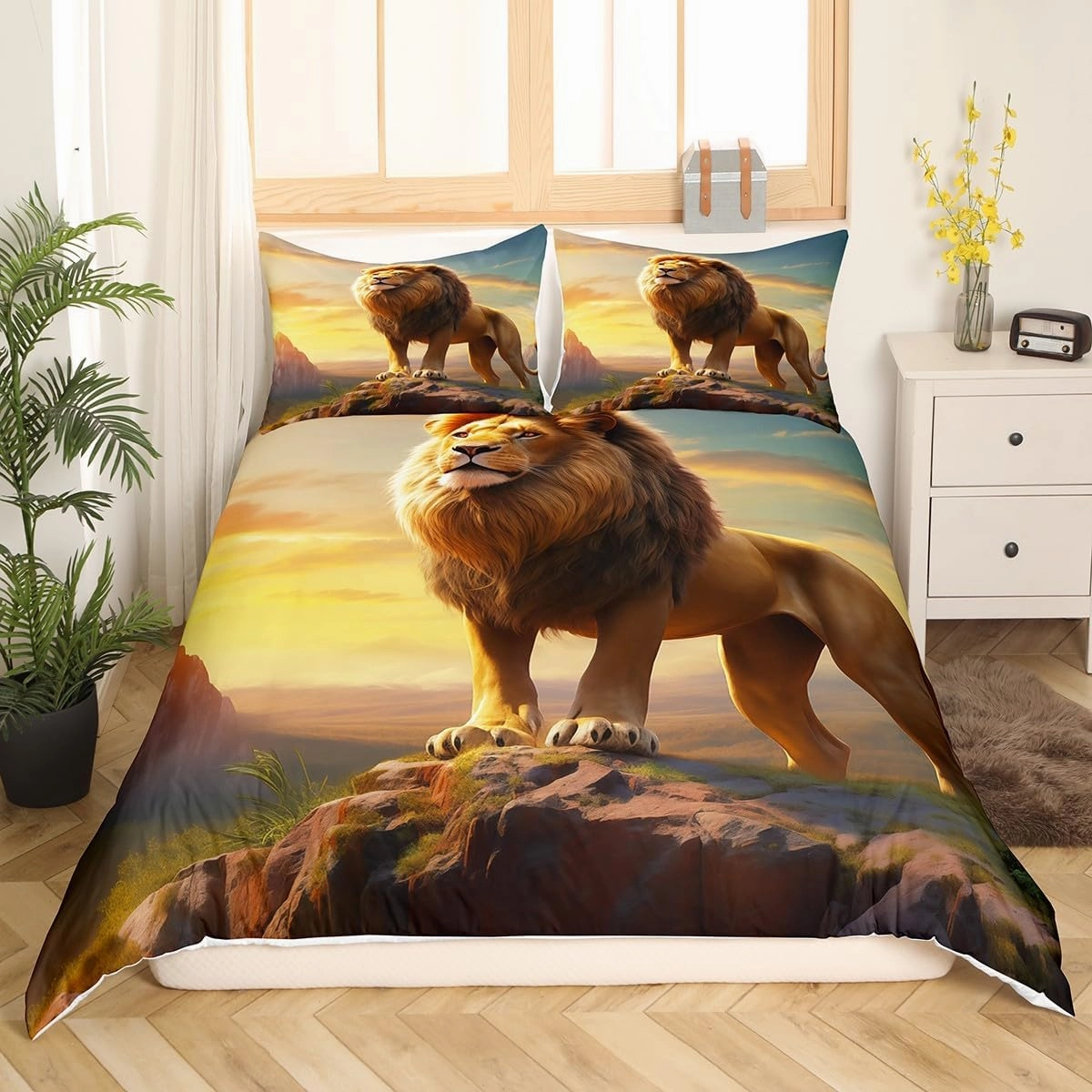 Fierce Lion Duvet Cover Set King Size,Wild Animal Comforter Cover Kids Teens Adults Men Room Decor,African Plateau Natural Scenery Bedding Set 3Pcs,Sunset Bedspreads Cover,2 Pillowcases(NO Comforter)
