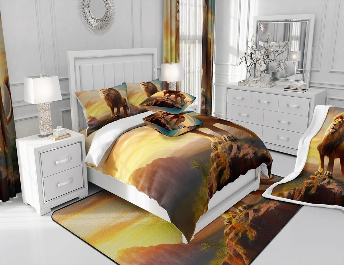 Fierce Lion Duvet Cover Set King Size,Wild Animal Comforter Cover Kids Teens Adults Men Room Decor,African Plateau Natural Scenery Bedding Set 3Pcs,Sunset Bedspreads Cover,2 Pillowcases(NO Comforter)