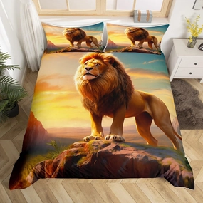 Fierce Lion Duvet Cover Set King Size,Wild Animal Comforter Cover Kids Teens Adults Men Room Decor,African Plateau Natural Scenery Bedding Set 3Pcs,Sunset Bedspreads Cover,2 Pillowcases(NO Comforter)