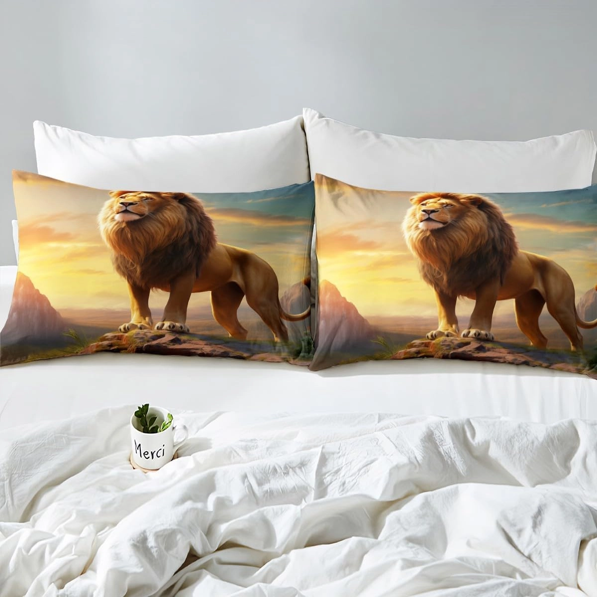 Fierce Lion Duvet Cover Set King Size,Wild Animal Comforter Cover Kids Teens Adults Men Room Decor,African Plateau Natural Scenery Bedding Set 3Pcs,Sunset Bedspreads Cover,2 Pillowcases(NO Comforter)