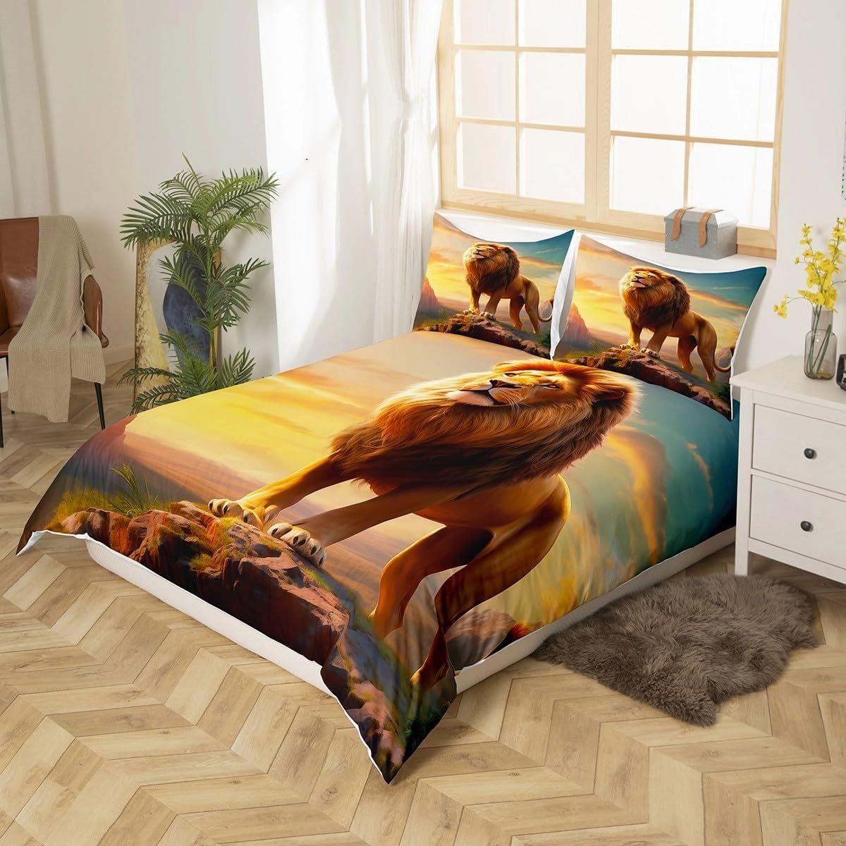Fierce Lion Duvet Cover Set King Size,Wild Animal Comforter Cover Kids Teens Adults Men Room Decor,African Plateau Natural Scenery Bedding Set 3Pcs,Sunset Bedspreads Cover,2 Pillowcases(NO Comforter)