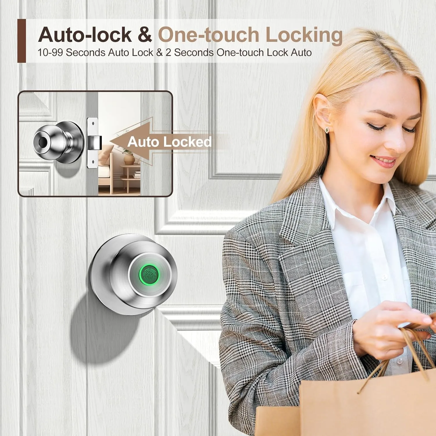 Fingerprint Door Lock，Smart Door Knob, Smart Lock Biometric Door Lock Fingerprint Door knob with App Control Suitable for Bedroom,Utility Room,Apartments Offices,Hotels(Silver)