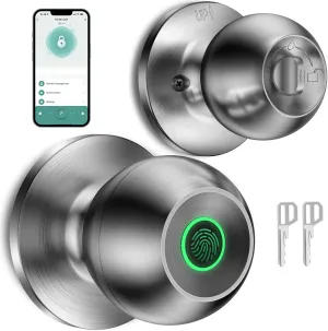 Fingerprint Door Lock，Smart Door Knob, Smart Lock Biometric Door Lock Fingerprint Door knob with App Control Suitable for Bedroom,Utility Room,Apartments Offices,Hotels(Silver)