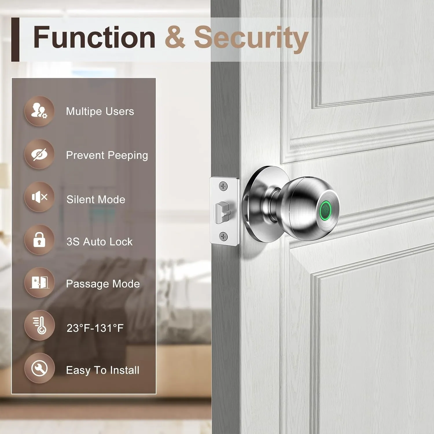 Fingerprint Door Lock，Smart Door Knob, Smart Lock Biometric Door Lock Fingerprint Door knob with App Control Suitable for Bedroom,Utility Room,Apartments Offices,Hotels(Silver)