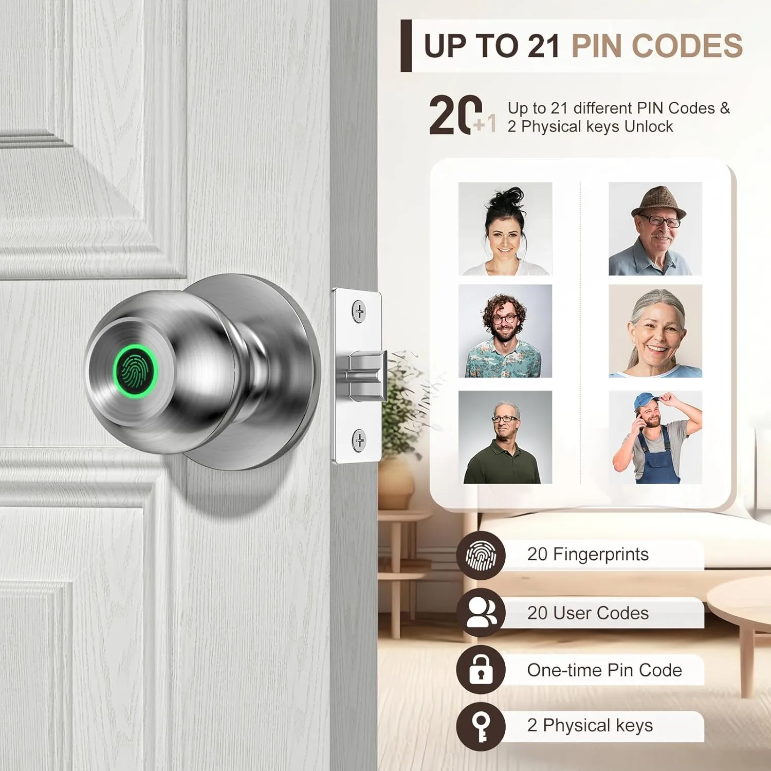 Fingerprint Door Lock，Smart Door Knob, Smart Lock Biometric Door Lock Fingerprint Door knob with App Control Suitable for Bedroom,Utility Room,Apartments Offices,Hotels(Silver)