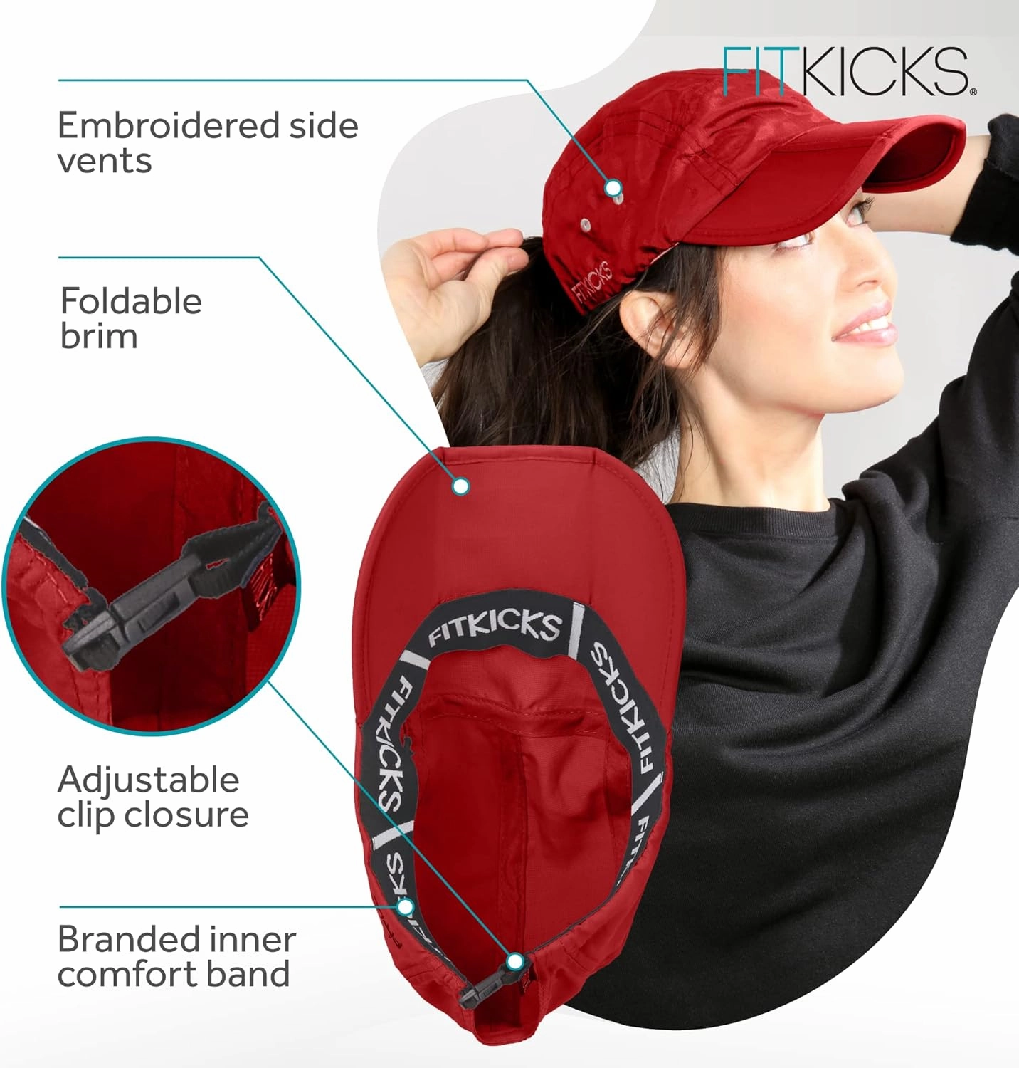 FITKICKS Folding Cap, Comfortable and Adjustable Ball Cap, UPF 50  Sun Cap for Men and Women
