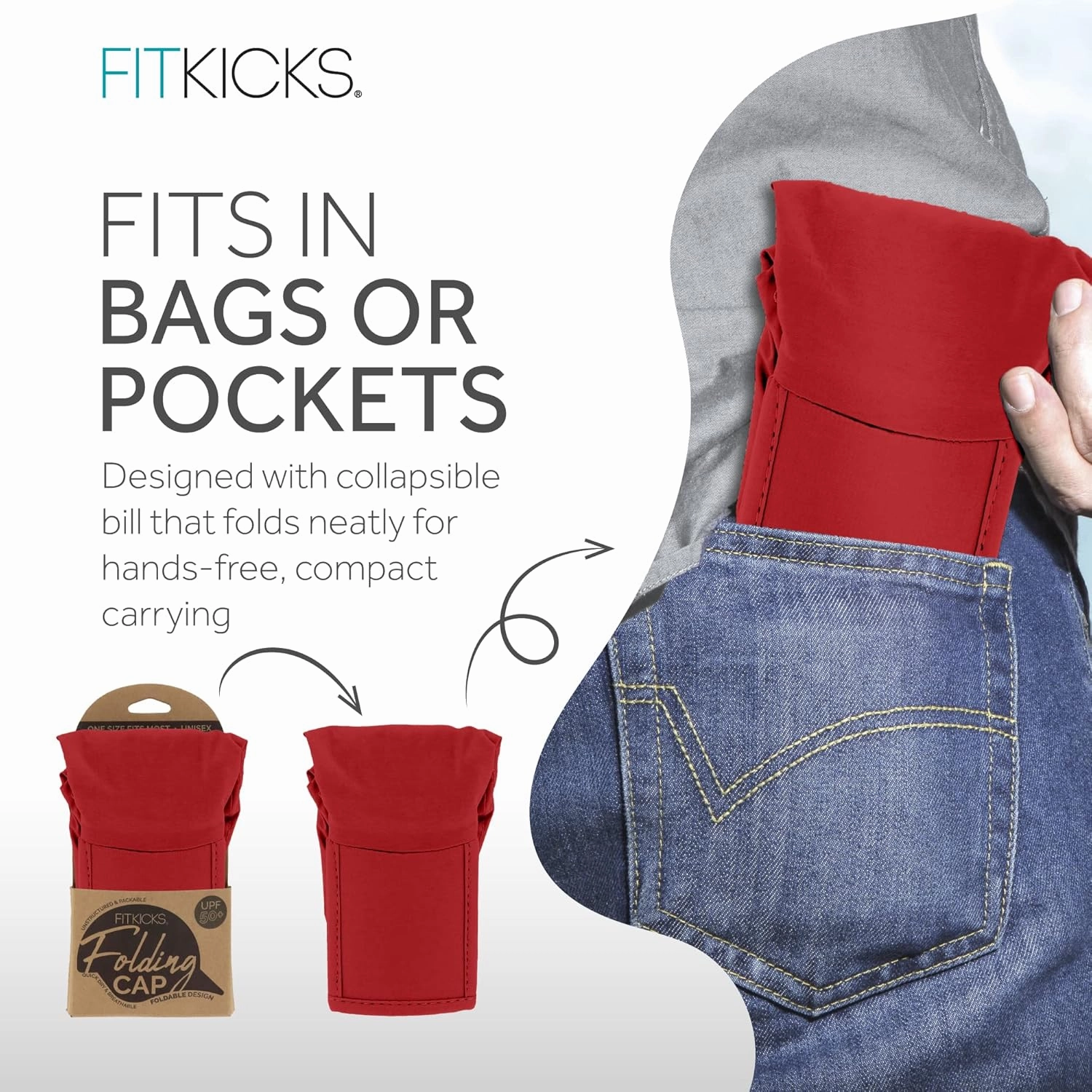 FITKICKS Folding Cap, Comfortable and Adjustable Ball Cap, UPF 50  Sun Cap for Men and Women