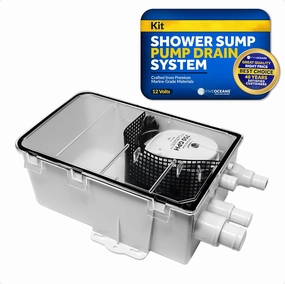Five Oceans 750 GPH Boat Shower Sump Pump Drain System Kit, 12-Volts, Multiple Inlet Ports, Clear Cover, Check-Valve on Outlet - FO3611