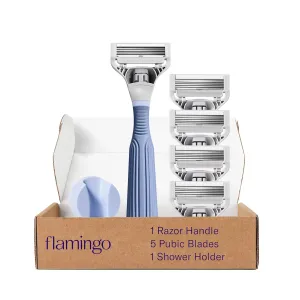 Flamingo Pubic Hair Razor for Women, Shaving Kit, 1 Pubic Razor Handle, 4 Five-Blade Refills, 1 Shower Holder, Starter Set, Full Kit