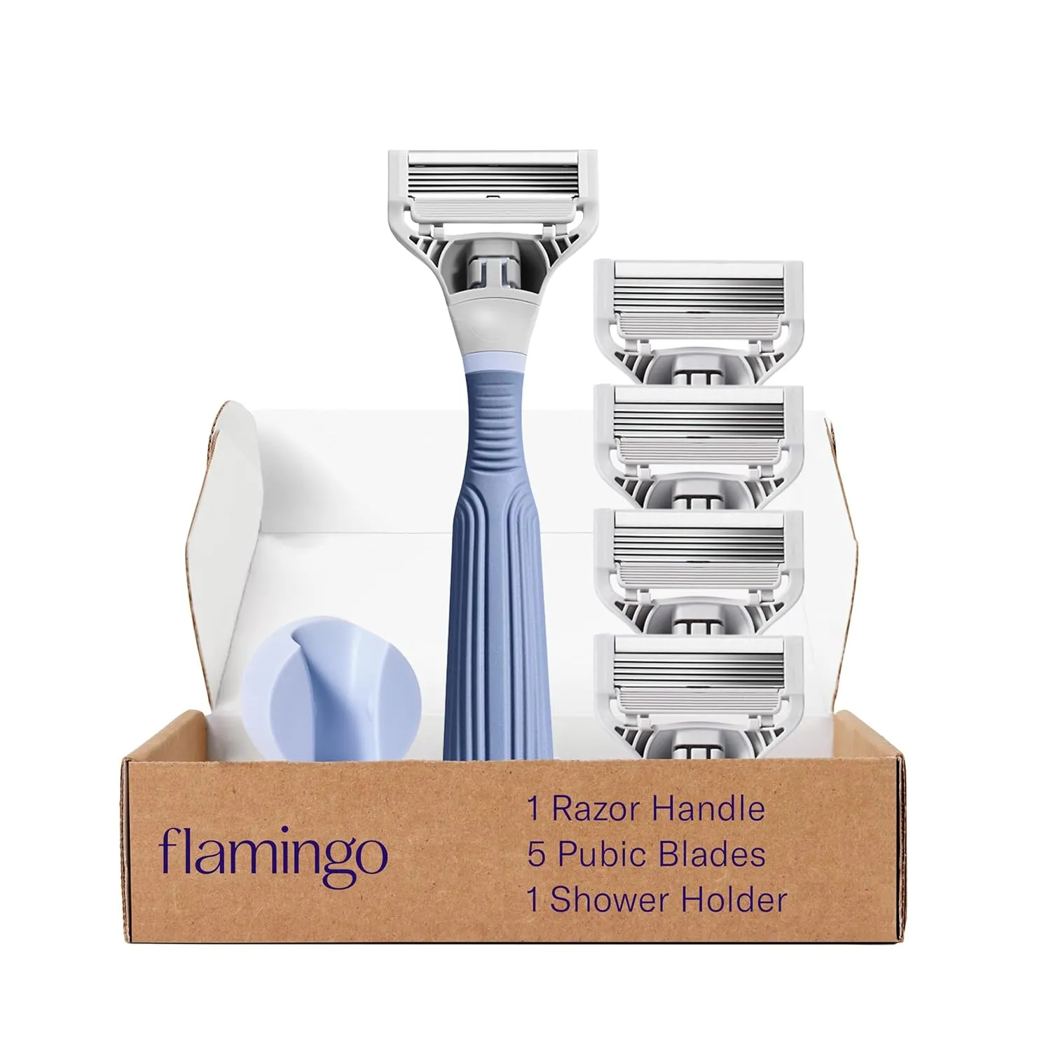 Flamingo Pubic Hair Razor for Women, Shaving Kit, 1 Pubic Razor Handle, 4 Five-Blade Refills, 1 Shower Holder, Starter Set, Full Kit