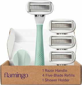 Flamingo Razors for Women, 1 Women's Razor Handle (Sage), 4 Razor Five-Blade Refills, and 1 Shower Holder