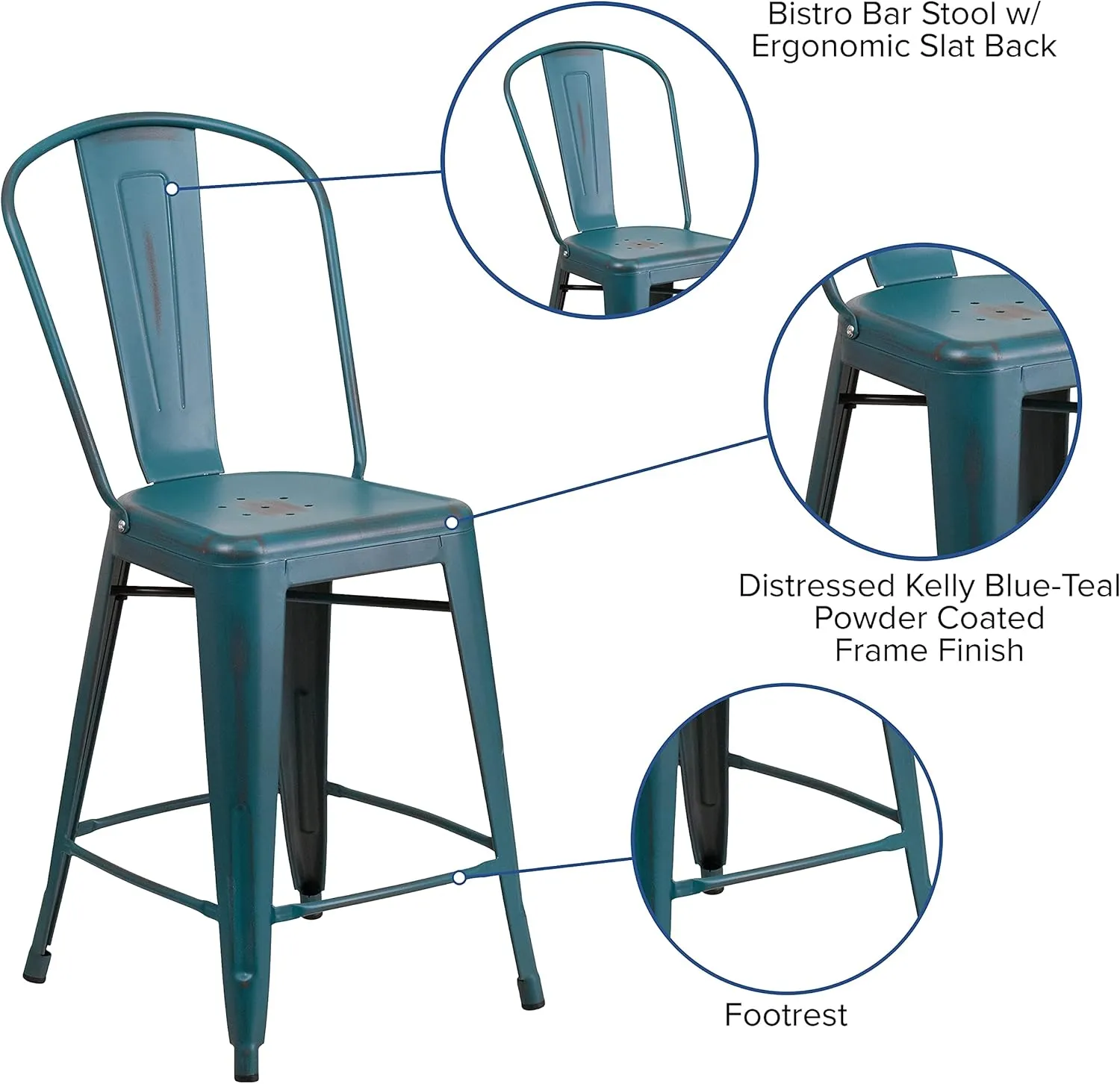 Flash Furniture Blake Commercial Grade 4 Pack 24" High Distressed Kelly Blue-Teal Metal Indoor-Outdoor Counter Height Stool with Back