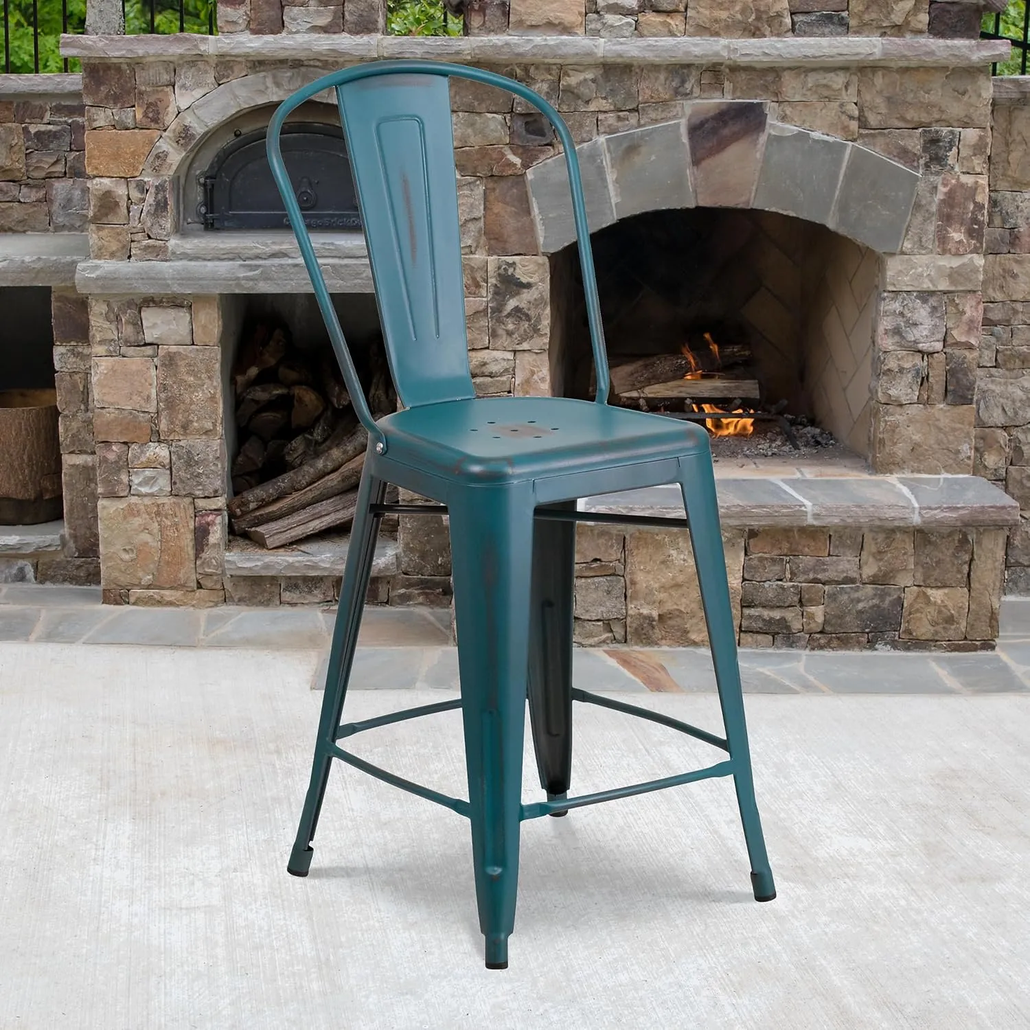 Flash Furniture Blake Commercial Grade 4 Pack 24" High Distressed Kelly Blue-Teal Metal Indoor-Outdoor Counter Height Stool with Back