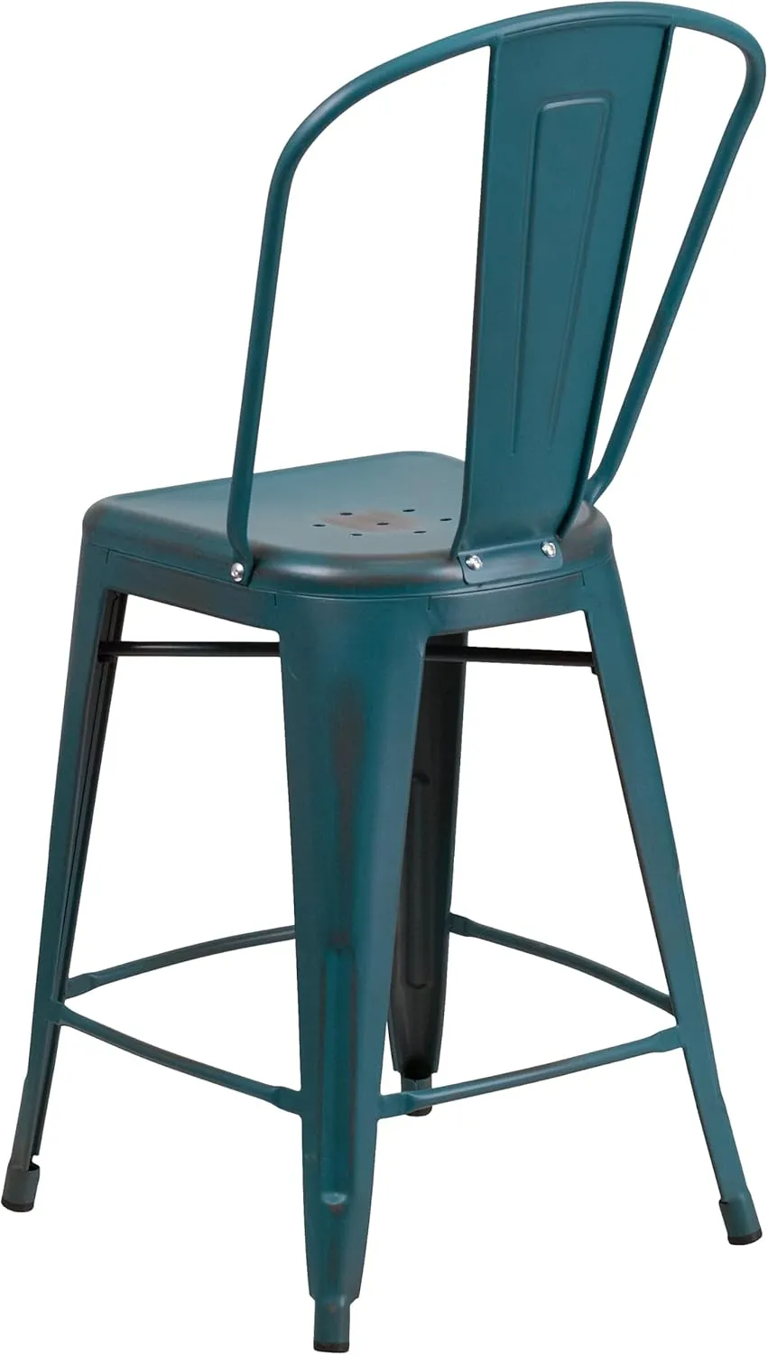 Flash Furniture Blake Commercial Grade 4 Pack 24" High Distressed Kelly Blue-Teal Metal Indoor-Outdoor Counter Height Stool with Back