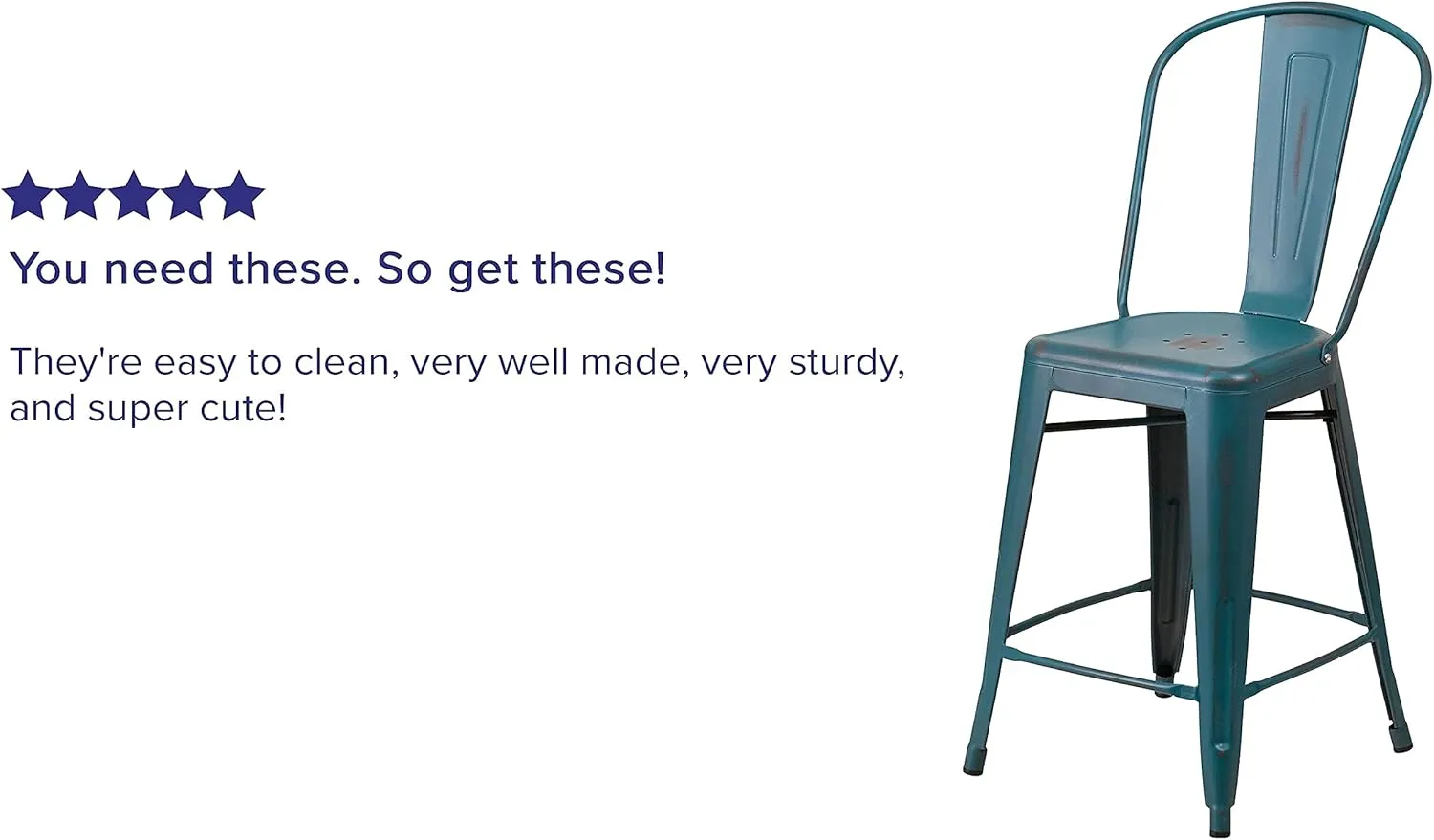 Flash Furniture Blake Commercial Grade 4 Pack 24" High Distressed Kelly Blue-Teal Metal Indoor-Outdoor Counter Height Stool with Back