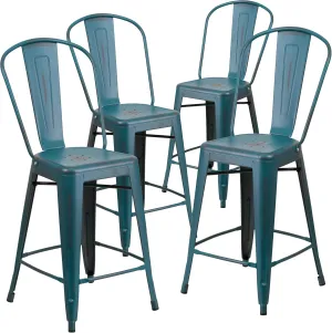 Flash Furniture Blake Commercial Grade 4 Pack 24" High Distressed Kelly Blue-Teal Metal Indoor-Outdoor Counter Height Stool with Back